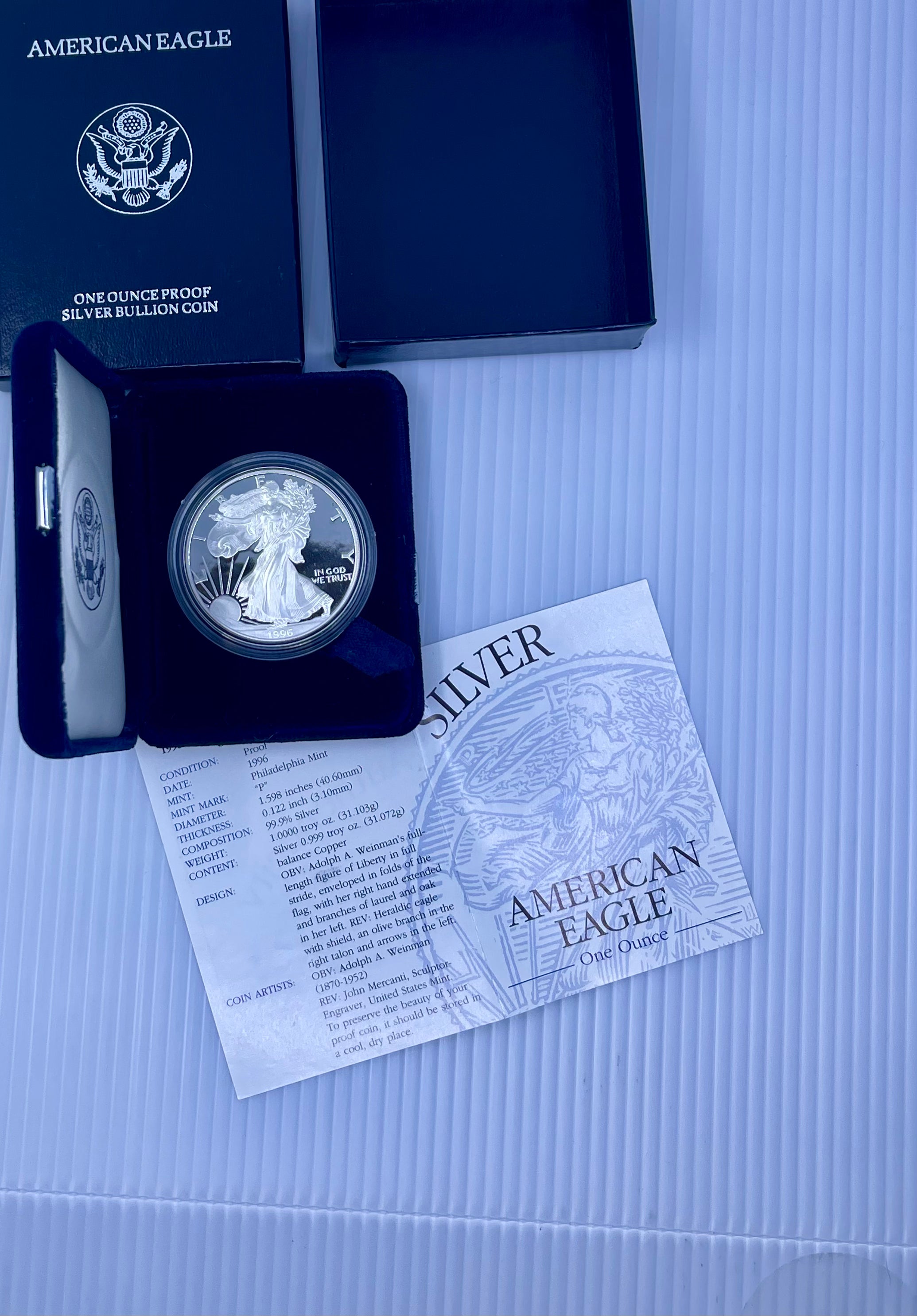 United States 1996-P Proof American Silver Eagle 1 Oz .999 Coin OGP with COA Cool Coins & Notes